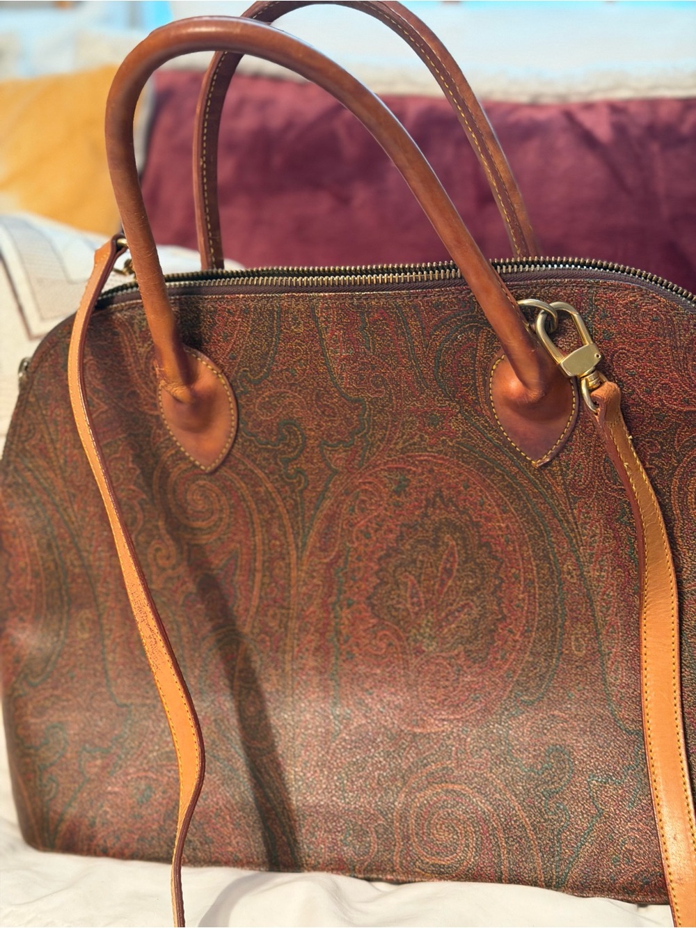 Vintage Etro two- way Leather-Trim Paisley Dome Satchel/Crossbody - Picture 2 of 16